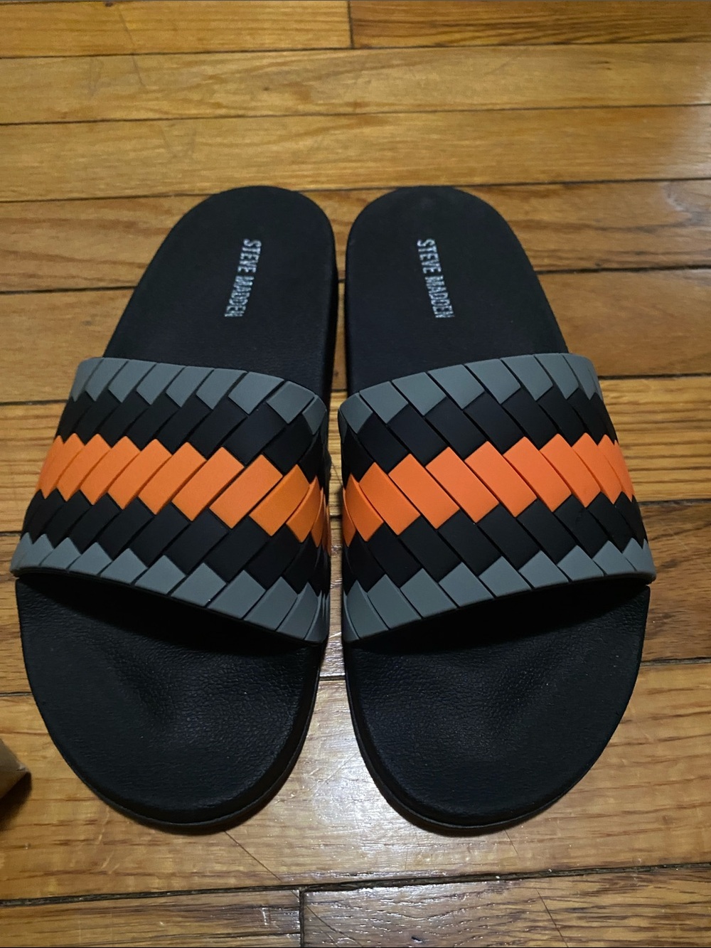 Steve Madden Black Slides with Orange and Gray Woven Accent unisex